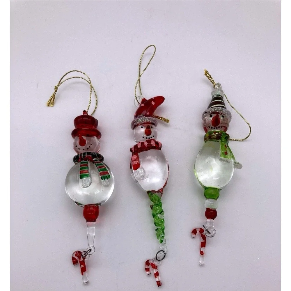 Set Of 3 Kirkland's Hand Blown Cheerful  Christmas Snowmen Ornaments New
